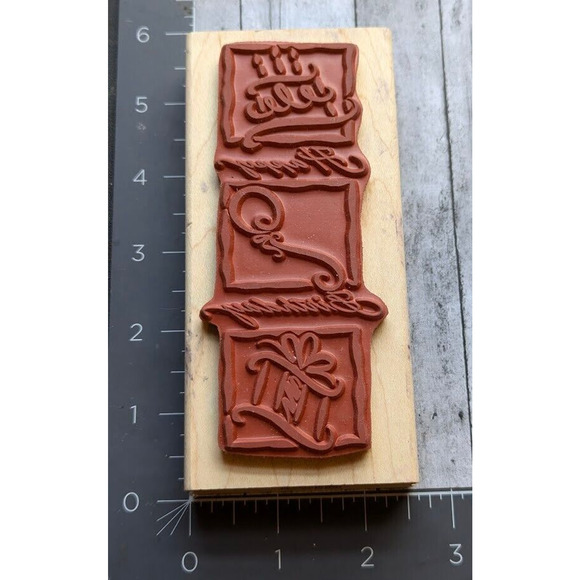 DeNami Design Happy Birthday Border Gift‎ Cake 2003 Rubber Stamp Wood #C30 - Picture 2 of 5